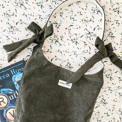 Booked and Busy Corduroy Bow Tote Bag - The Bean Workshop - book club, book lover, book lovers, bookaholic, booked and busy, bookish, bookish friends, Booklice, Books and girls, bookstore, bookstore date, booktrovert, bow tote, corduroy tote, fantasy readers book club, gift for book lovers, tote, tote bag