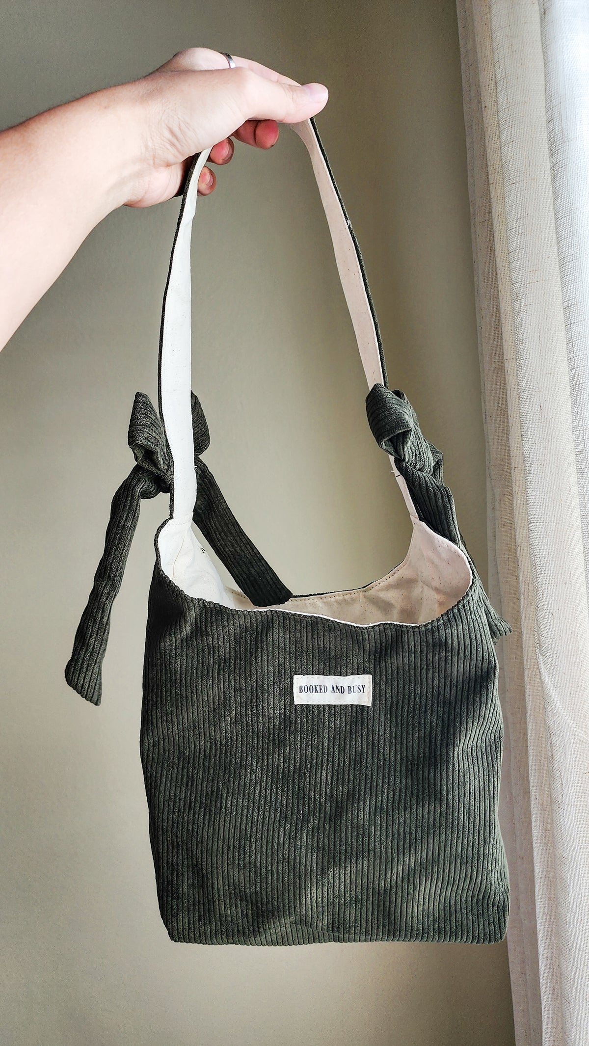 Booked and Busy Corduroy Bow Tote Bag - The Bean Workshop - book club, book lover, book lovers, bookaholic, booked and busy, bookish, bookish friends, Booklice, Books and girls, bookstore, bookstore date, booktrovert, bow tote, corduroy tote, fantasy readers book club, gift for book lovers, tote, tote bag
