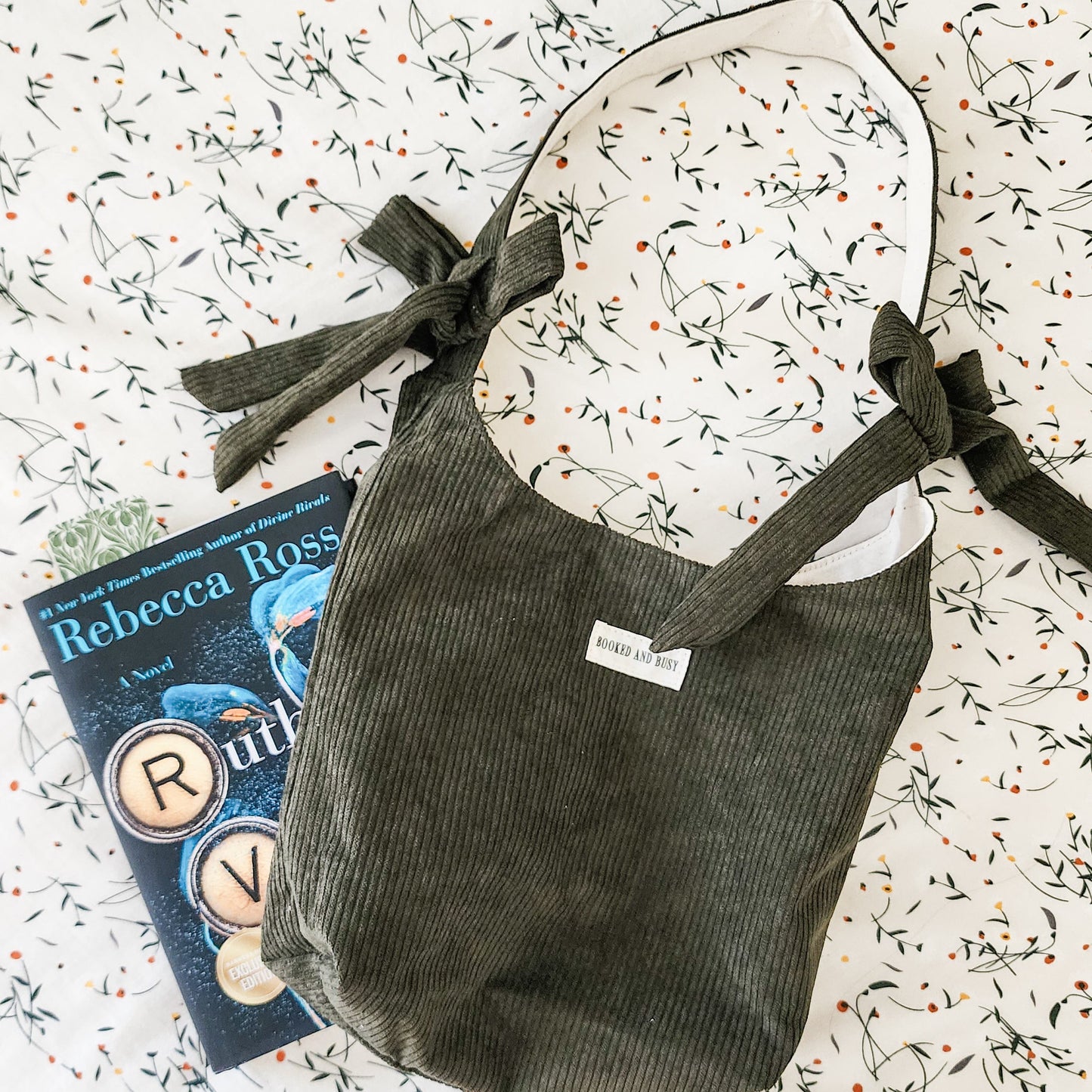 Booked and Busy Corduroy Bow Tote Bag - The Bean Workshop - book club, book lover, book lovers, bookaholic, bookish, bookish friends, Booklice, Books and girls, bookstore, bookstore date, booktrovert, fantasy readers book club, tote, tote bag