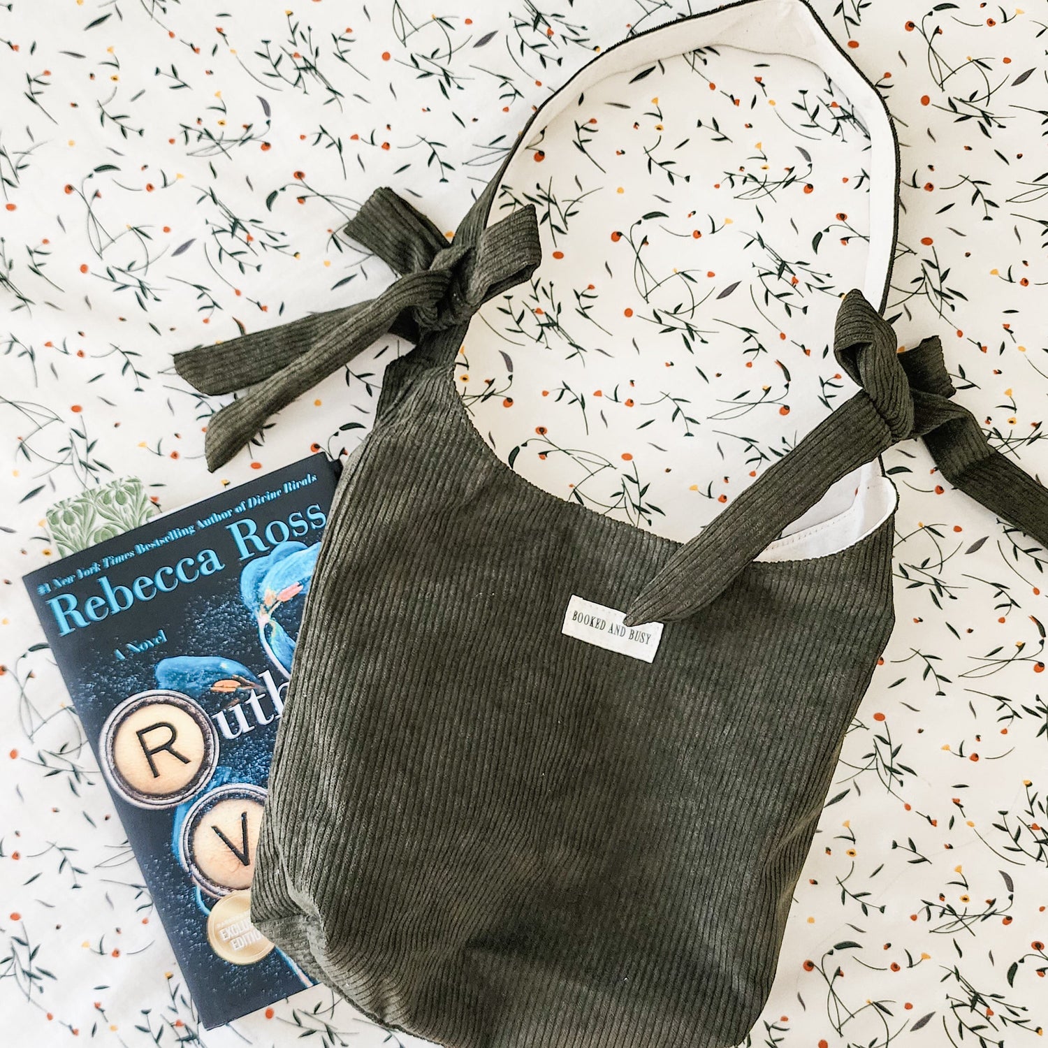 Booked and Busy Corduroy Bow Tote Bag - The Bean Workshop - book club, book lover, book lovers, bookaholic, bookish, bookish friends, Booklice, Books and girls, bookstore, bookstore date, booktrovert, fantasy readers book club, tote, tote bag