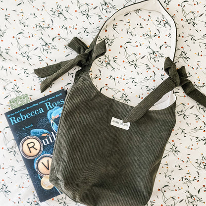 Booked and Busy Corduroy Bow Tote Bag - The Bean Workshop - book club, book lover, book lovers, bookaholic, bookish, bookish friends, Booklice, Books and girls, bookstore, bookstore date, booktrovert, fantasy readers book club, tote, tote bag