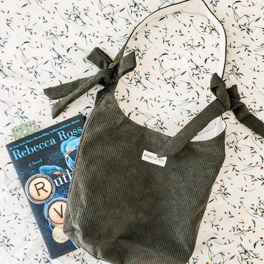 Booked and Busy Corduroy Bow Tote Bag - The Bean Workshop - book club, book lover, book lovers, bookaholic, bookish, bookish friends, Booklice, Books and girls, bookstore, bookstore date, booktrovert, fantasy readers book club, tote, tote bag