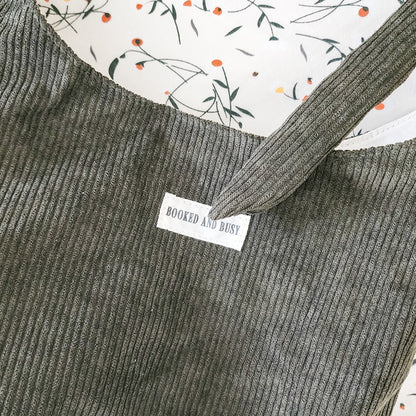 Booked and Busy Corduroy Bow Tote Bag - The Bean Workshop - book club, book lover, book lovers, bookaholic, bookish, bookish friends, Booklice, Books and girls, bookstore, bookstore date, booktrovert, fantasy readers book club, tote, tote bag