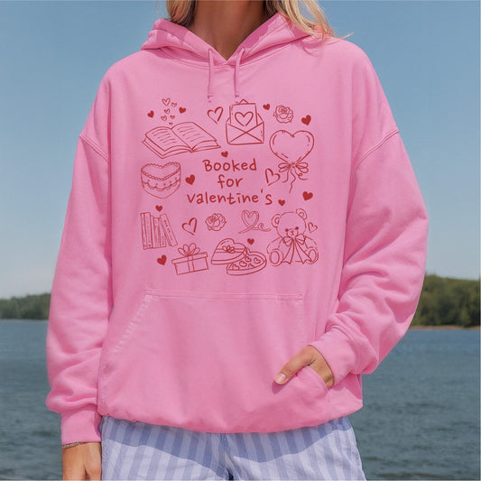 Booked for Valentine's Hoodie - The Bean Workshop - Anti-Valentine, Book Date, Booked for Valentine's Hoodie, Bookish Humor, Bookish Loungewear, Cozy, Cute, Doodle Art, Funny Introvert Pullover, Reader Gift, Reading Hoodie, Romantic Reading, Valentine's Gift for Bookworm