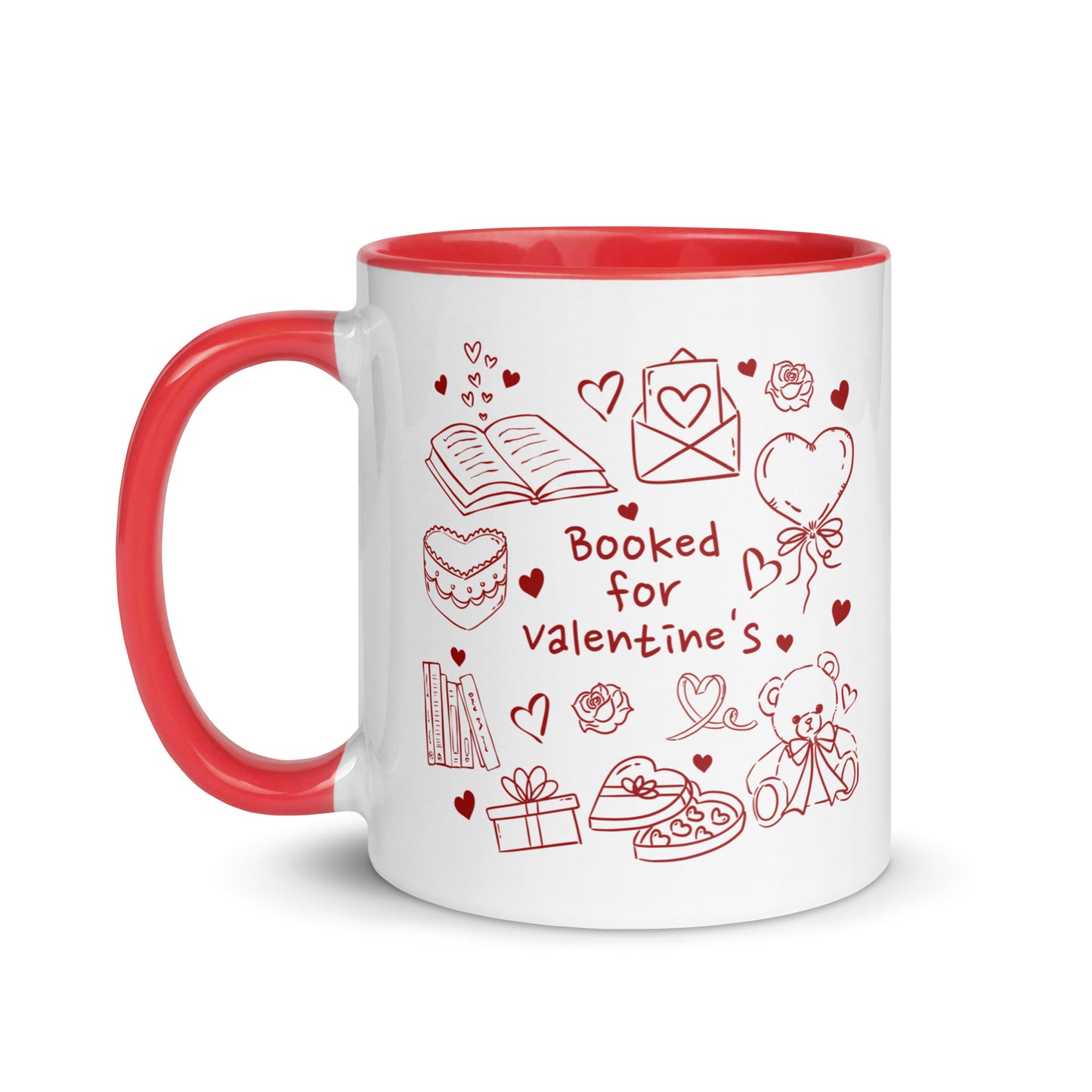 White mug with red handle, book doodles, hearts, and 'Booked for valentine's' text