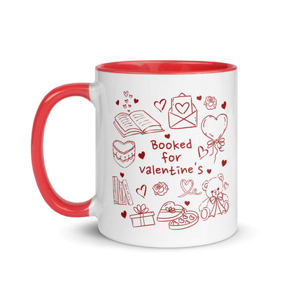 White mug with red handle, book doodles, hearts, and 'Booked for valentine's' text
