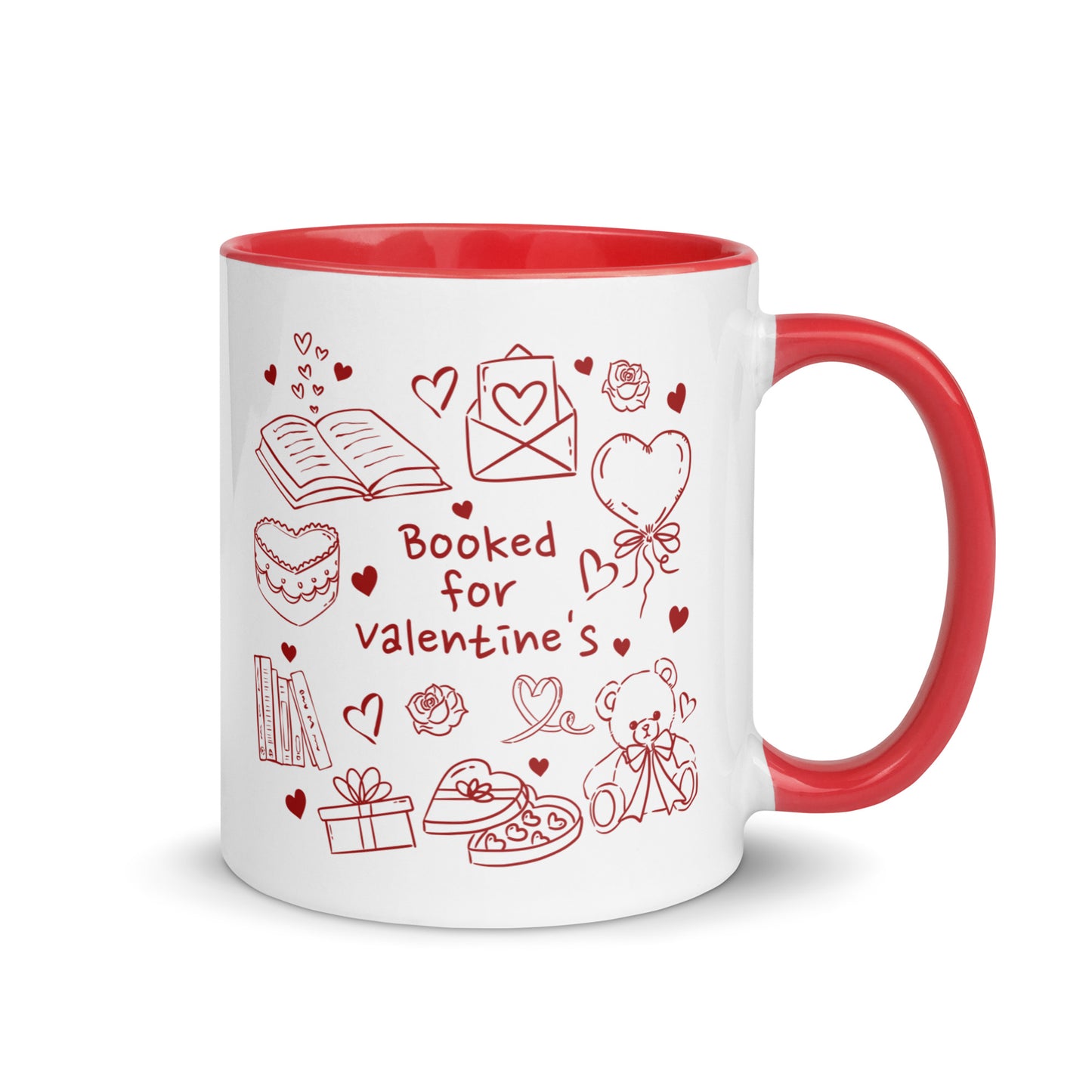 White ceramic mug with red handle, doodle art, 'Booked for valentine's' text, books, hearts, gifts