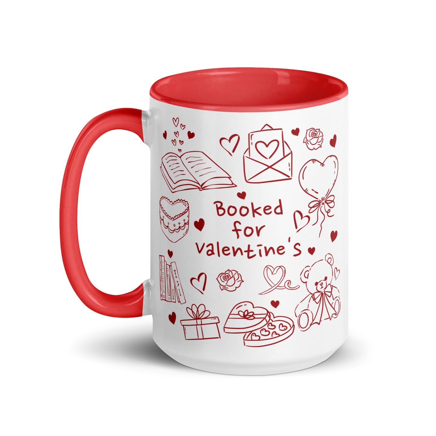 White and red mug with 'Booked for Valentine's' text, doodles of books, hearts, teddy bear, and gifts