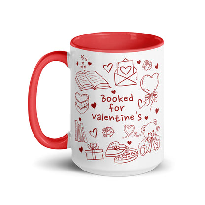 White and red mug with 'Booked for Valentine's' text, doodles of books, hearts, teddy bear, and gifts