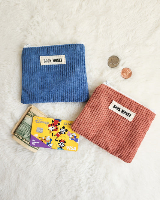 Bookish Corduroy Coin Purse & Wallet | Gift for Book Lovers, Readers, Teachers - The Bean Workshop - birthday christmas, book bag, book money wallet, bookish coin purse, cardholder, corduroy cotton bag, fun present readers, gift for book lovers, handmade, keychain mini, reading accessories, teachers librarians, zippered pouch