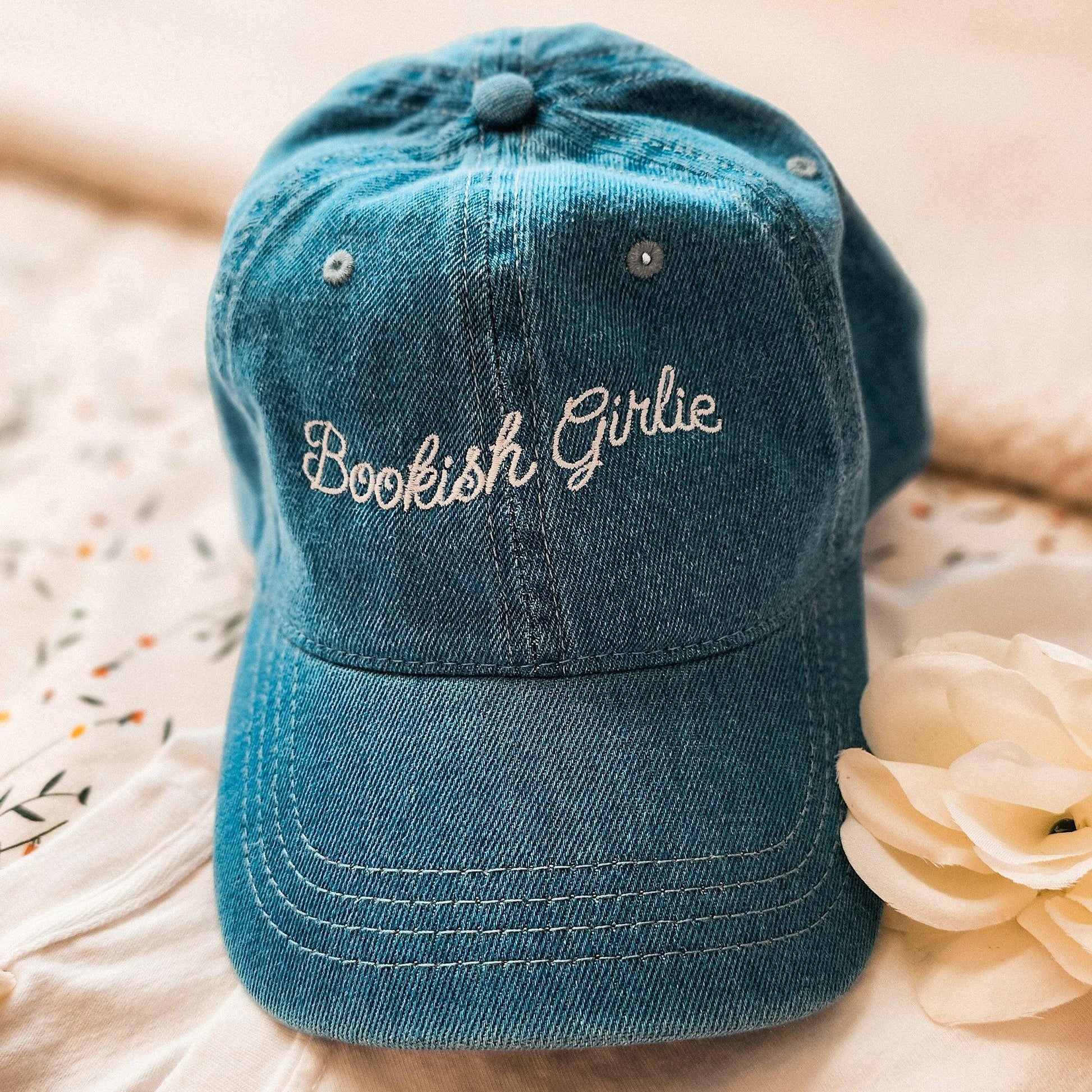 Bookish Girlie Embroidered Denim Hat - The Bean Workshop - book lover, bookish, bow, coquette, embroidered, hat, read everyday, reading accessories
