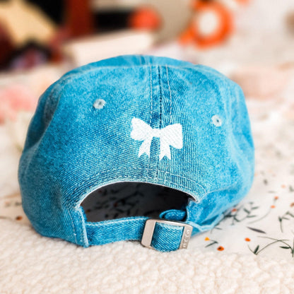 Bookish Girlie Embroidered Denim Hat - The Bean Workshop - book lover, bookish, bow, coquette, embroidered, hat, read everyday, reading accessories