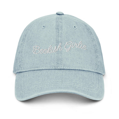 Bookish Girlie Embroidered Denim Hat - The Bean Workshop - book lover, bookish, bow, coquette, embroidered, hat, read everyday, reading accessories