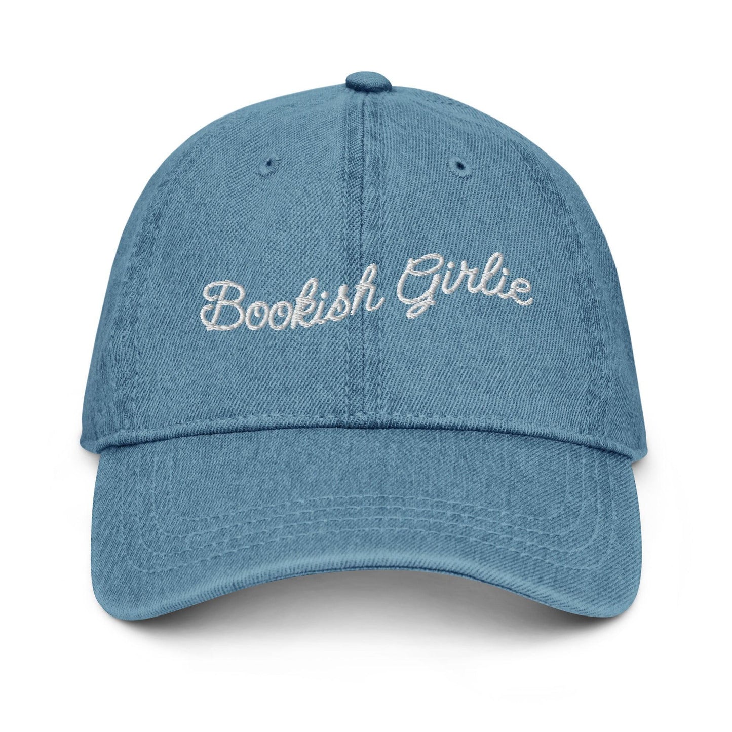 Bookish Girlie Embroidered Denim Hat - The Bean Workshop - book lover, bookish, bow, coquette, embroidered, hat, read everyday, reading accessories