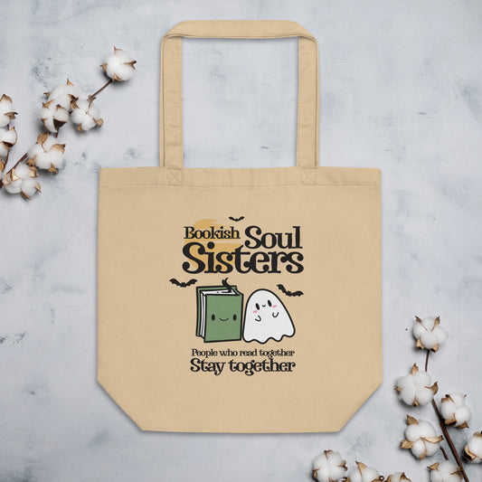 Bookish Soul Sisters Organic Cotton Twill Tote Bag - The Bean Workshop - best friend tote, book club tote, book lover tote, Bookish Soul Sisters tote, bookstore bag, bookworm bag, canvas tote, friendship tote, Halloween tote bag, library tote, literary tote, reading bag, reusable shopping bag, spooky season accessory, unique gift for readers
