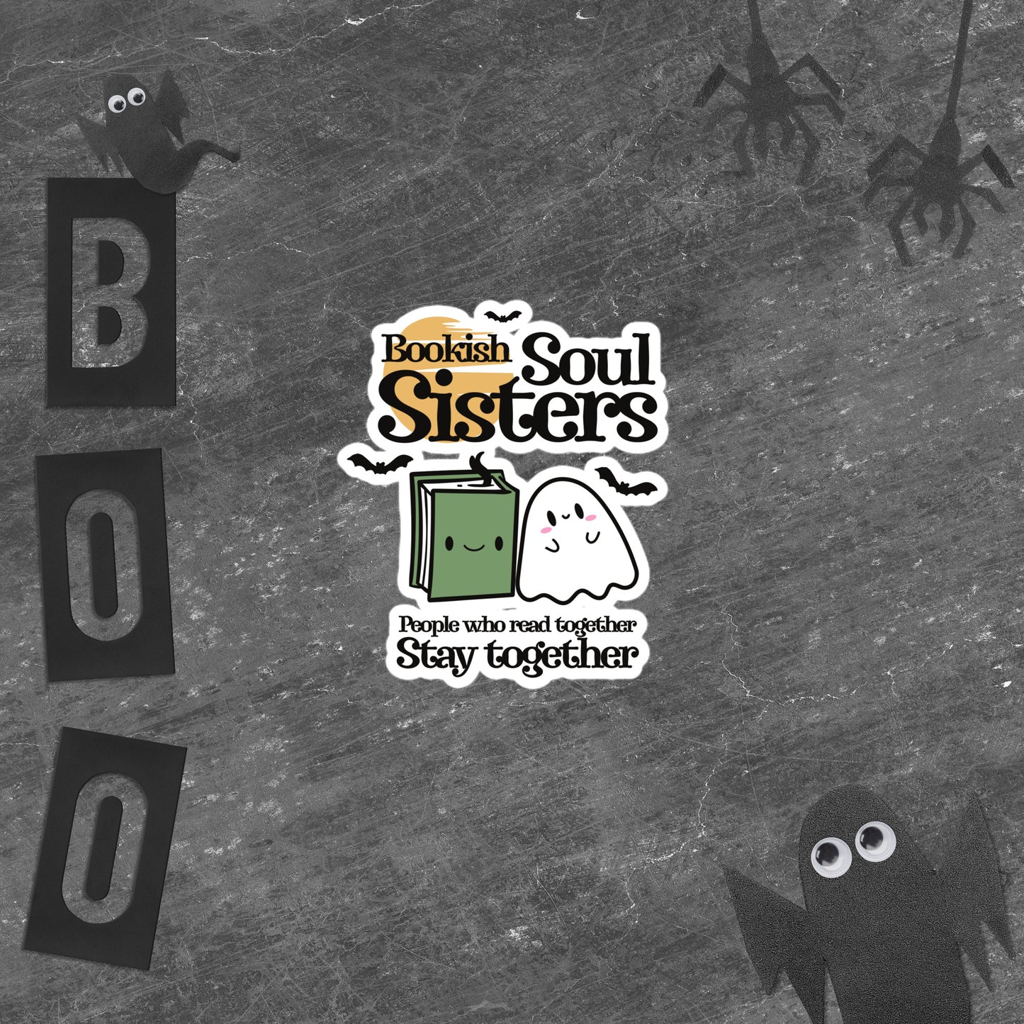Bookish Soul Sisters Sticker - The Bean Workshop - best friend gift, book club gift, book lover sticker, bookish merch, Bookish Soul Sisters, bookworm gift, cute ghost, friendship sticker, Halloween sticker, happy book, literary sticker, reading aesthetic, spooky season, unique gift for readers, vinyl sticker