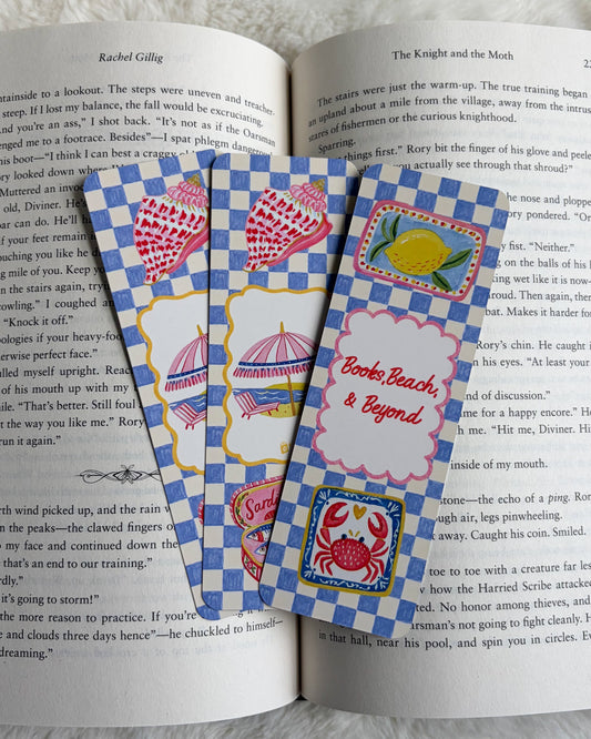 Books, Beach & Beyond Bookmark - The Bean Workshop - beach bookmark, book lover gift, bookish gift, bookmark, checkerboard, coastal, cottagecore