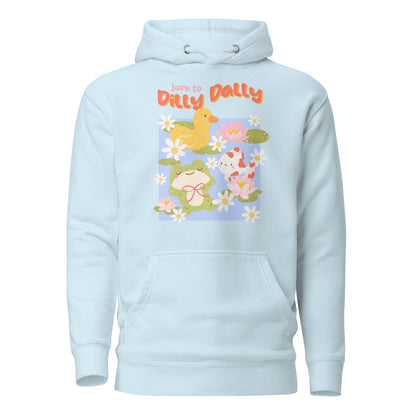 Born to Dilly Dally Premium Hoodie - The Bean Workshop - Born to Dilly Dally, Born to Dilly Dally Pond Hoodie, Bright Graphics, Cozy Streetwear, Duck and Frog Art, Hoodie, Pop Art, Procrastination Outfit, Relaxed Fit, Slow Living, The Bean Workshop, Vibrant Animal Hoodie for Adults, Whimsical