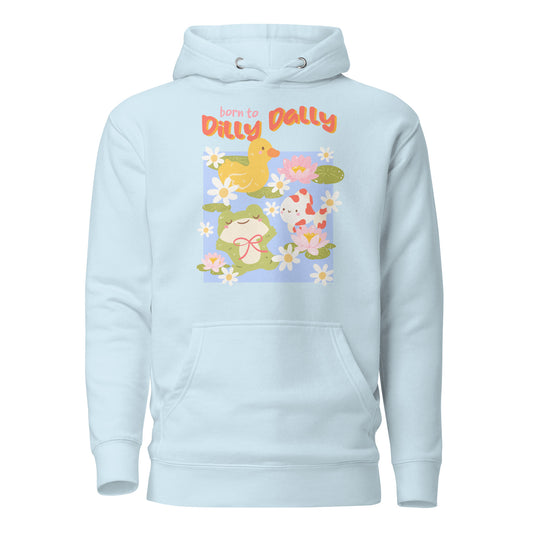 Born to Dilly Dally Premium Hoodie - The Bean Workshop - Born to Dilly Dally, Born to Dilly Dally Pond Hoodie, Bright Graphics, Cozy Streetwear, Duck and Frog Art, Hoodie, Pop Art, Procrastination Outfit, Relaxed Fit, Slow Living, The Bean Workshop, Vibrant Animal Hoodie for Adults, Whimsical