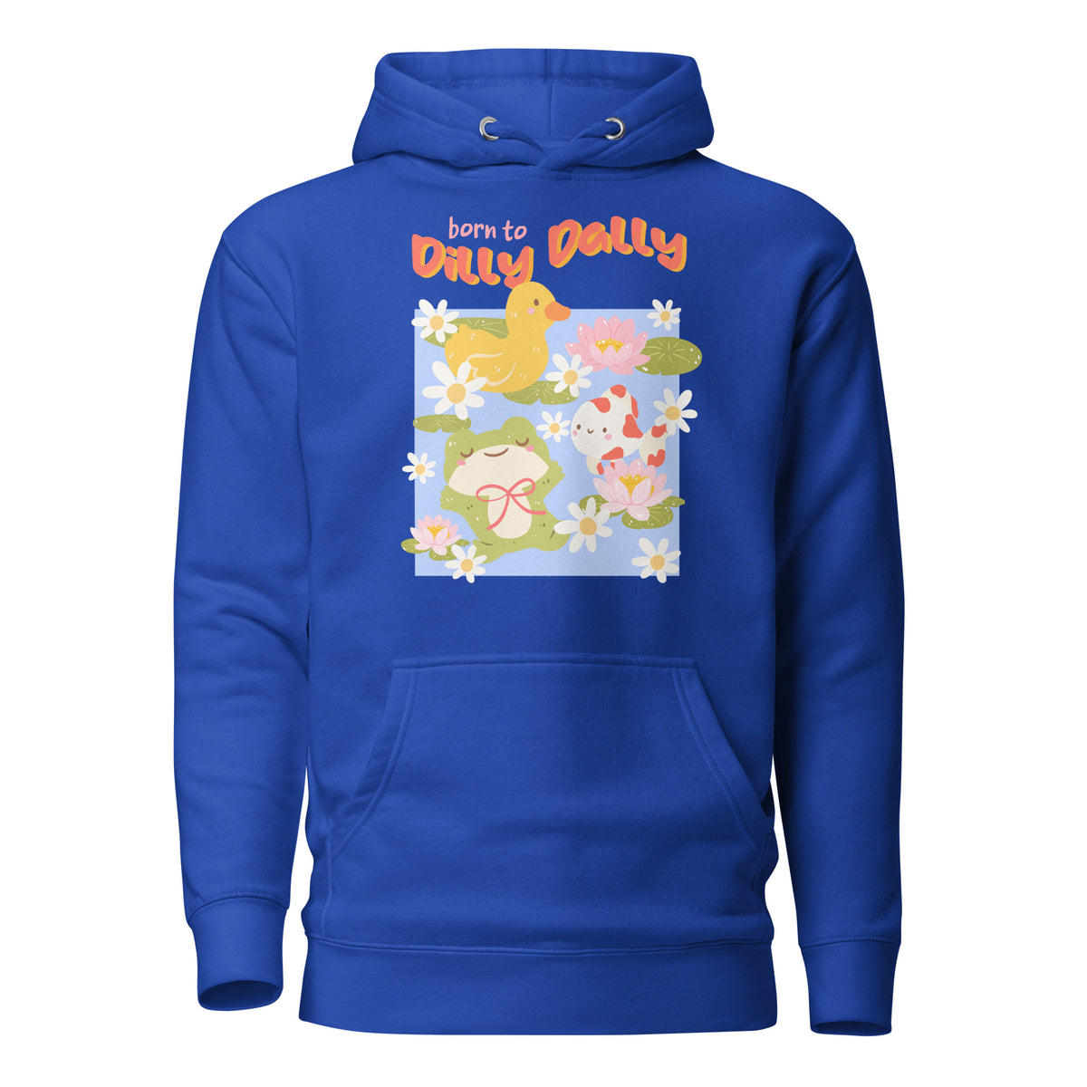 Born to Dilly Dally Premium Hoodie - The Bean Workshop - Born to Dilly Dally, Born to Dilly Dally Pond Hoodie, Bright Graphics, Cozy Streetwear, Duck and Frog Art, Hoodie, Pop Art, Procrastination Outfit, Relaxed Fit, Slow Living, The Bean Workshop, Vibrant Animal Hoodie for Adults, Whimsical