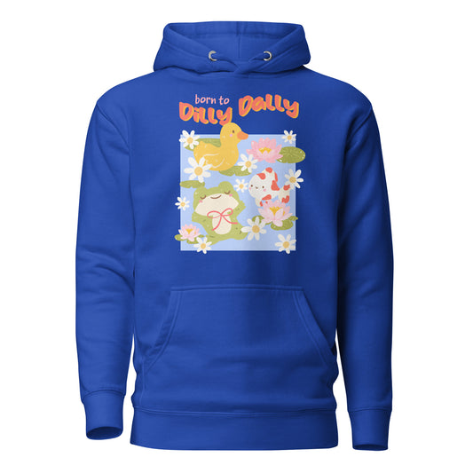 Born to Dilly Dally Premium Hoodie - The Bean Workshop - Born to Dilly Dally, Born to Dilly Dally Pond Hoodie, Bright Graphics, Cozy Streetwear, Duck and Frog Art, Hoodie, Pop Art, Procrastination Outfit, Relaxed Fit, Slow Living, The Bean Workshop, Vibrant Animal Hoodie for Adults, Whimsical