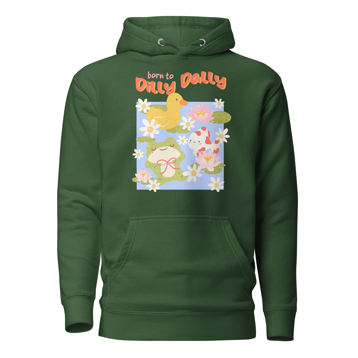 Born to Dilly Dally Premium Hoodie - The Bean Workshop - Born to Dilly Dally, Born to Dilly Dally Pond Hoodie, Bright Graphics, Cozy Streetwear, Duck and Frog Art, Hoodie, Pop Art, Procrastination Outfit, Relaxed Fit, Slow Living, The Bean Workshop, Vibrant Animal Hoodie for Adults, Whimsical