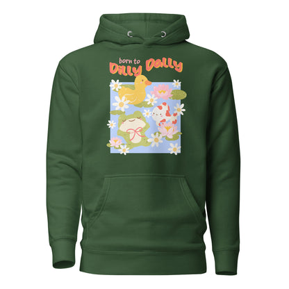Born to Dilly Dally Premium Hoodie - The Bean Workshop - Born to Dilly Dally, Born to Dilly Dally Pond Hoodie, Bright Graphics, Cozy Streetwear, Duck and Frog Art, Hoodie, Pop Art, Procrastination Outfit, Relaxed Fit, Slow Living, The Bean Workshop, Vibrant Animal Hoodie for Adults, Whimsical