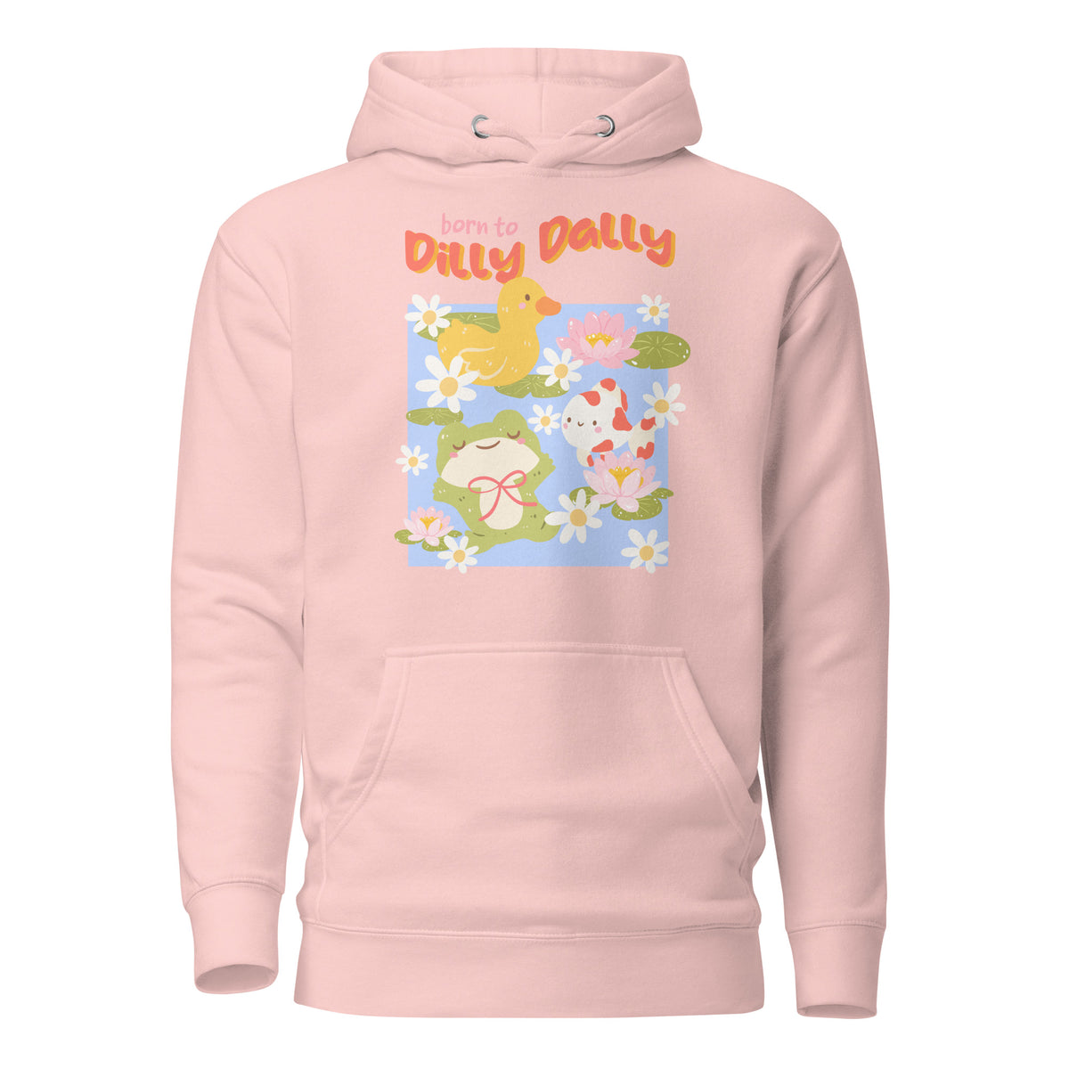 Born to Dilly Dally Premium Hoodie - The Bean Workshop - Born to Dilly Dally, Born to Dilly Dally Pond Hoodie, Bright Graphics, Cozy Streetwear, Duck and Frog Art, Hoodie, Pop Art, Procrastination Outfit, Relaxed Fit, Slow Living, The Bean Workshop, Vibrant Animal Hoodie for Adults, Whimsical