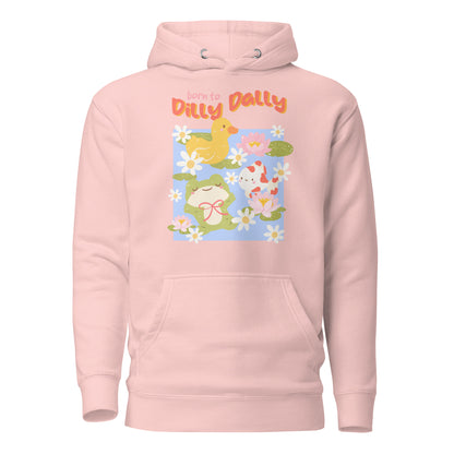 Born to Dilly Dally Premium Hoodie - The Bean Workshop - Born to Dilly Dally, Born to Dilly Dally Pond Hoodie, Bright Graphics, Cozy Streetwear, Duck and Frog Art, Hoodie, Pop Art, Procrastination Outfit, Relaxed Fit, Slow Living, The Bean Workshop, Vibrant Animal Hoodie for Adults, Whimsical