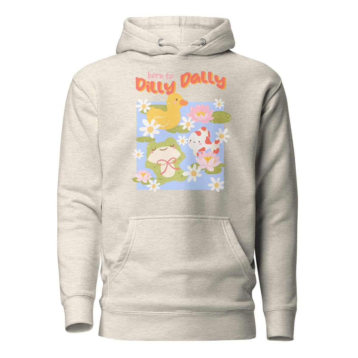 Born to Dilly Dally Premium Hoodie - The Bean Workshop - Born to Dilly Dally, Born to Dilly Dally Pond Hoodie, Bright Graphics, Cozy Streetwear, Duck and Frog Art, Hoodie, Pop Art, Procrastination Outfit, Relaxed Fit, Slow Living, The Bean Workshop, Vibrant Animal Hoodie for Adults, Whimsical