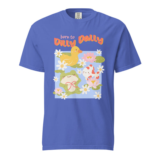 Born to Dilly Dally T-shirt - The Bean Workshop - Animal Lovers, Born to Dilly Dally, Bright Colors, Dilly Dally Duckling and Frog Shirt, Dilly Dally Fandom., Playful, Pond Life Illustration, Relaxed Lifestyle, Retro, Slow Living Aesthetic Tee, T-shirt, The Bean Workshop, Weekend Casual