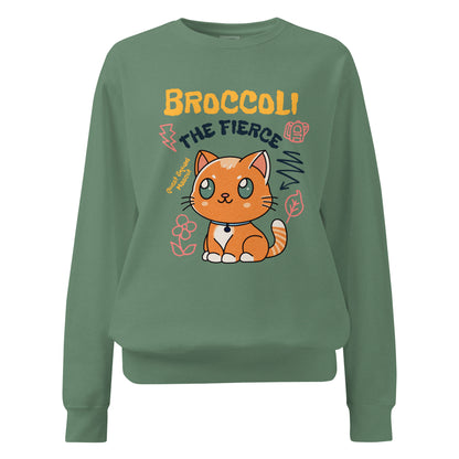 Broccoli the Fierce Heavyweight Sweatshirt - The Bean Workshop - Basgiath War College, Book Lover Gift, Bookish Cat, Booktok, Broccoli the Fierce, Chibi Art, Cute Romantasy, Dragon Rider, Empyrean Series, Fantasy Reader., Fourth Wing Merch, Iron Flame Merch, Kawaii, Liam Mairi, Quest Squad Mascot, Rebecca Yarros, sweatshirt, Violet Sorrengail, Xaden Riorson