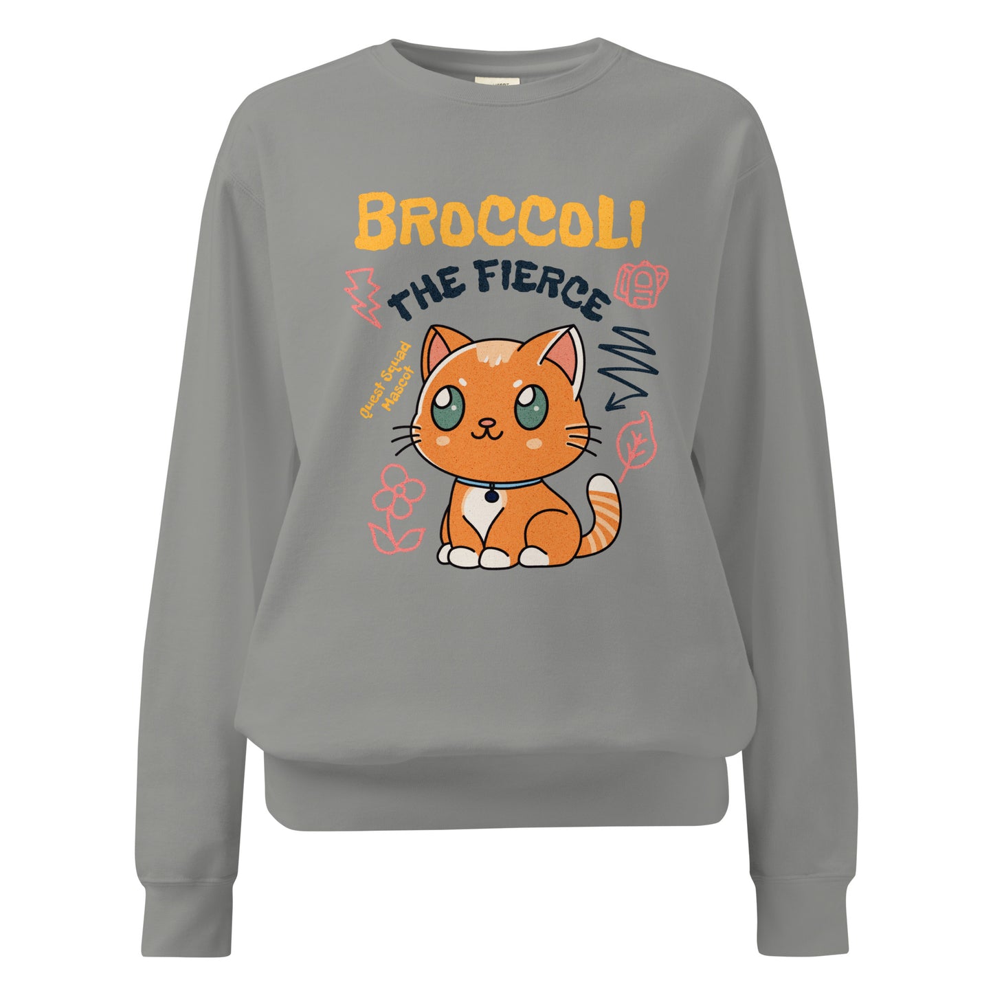 Broccoli the Fierce Heavyweight Sweatshirt - The Bean Workshop - Basgiath War College, Book Lover Gift, Bookish Cat, Booktok, Broccoli the Fierce, Chibi Art, Cute Romantasy, Dragon Rider, Empyrean Series, Fantasy Reader., Fourth Wing Merch, Iron Flame Merch, Kawaii, Liam Mairi, Quest Squad Mascot, Rebecca Yarros, sweatshirt, Violet Sorrengail, Xaden Riorson
