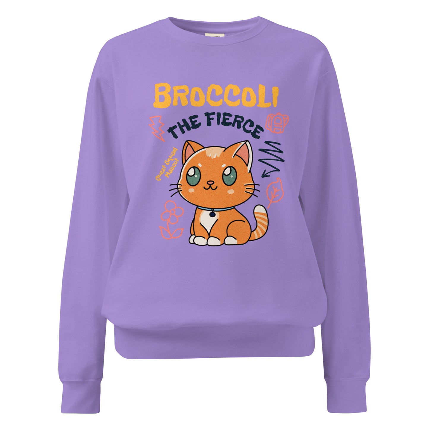 Broccoli the Fierce Heavyweight Sweatshirt - The Bean Workshop - Basgiath War College, Book Lover Gift, Bookish Cat, Booktok, Broccoli the Fierce, Chibi Art, Cute Romantasy, Dragon Rider, Empyrean Series, Fantasy Reader., Fourth Wing Merch, Iron Flame Merch, Kawaii, Liam Mairi, Quest Squad Mascot, Rebecca Yarros, sweatshirt, Violet Sorrengail, Xaden Riorson
