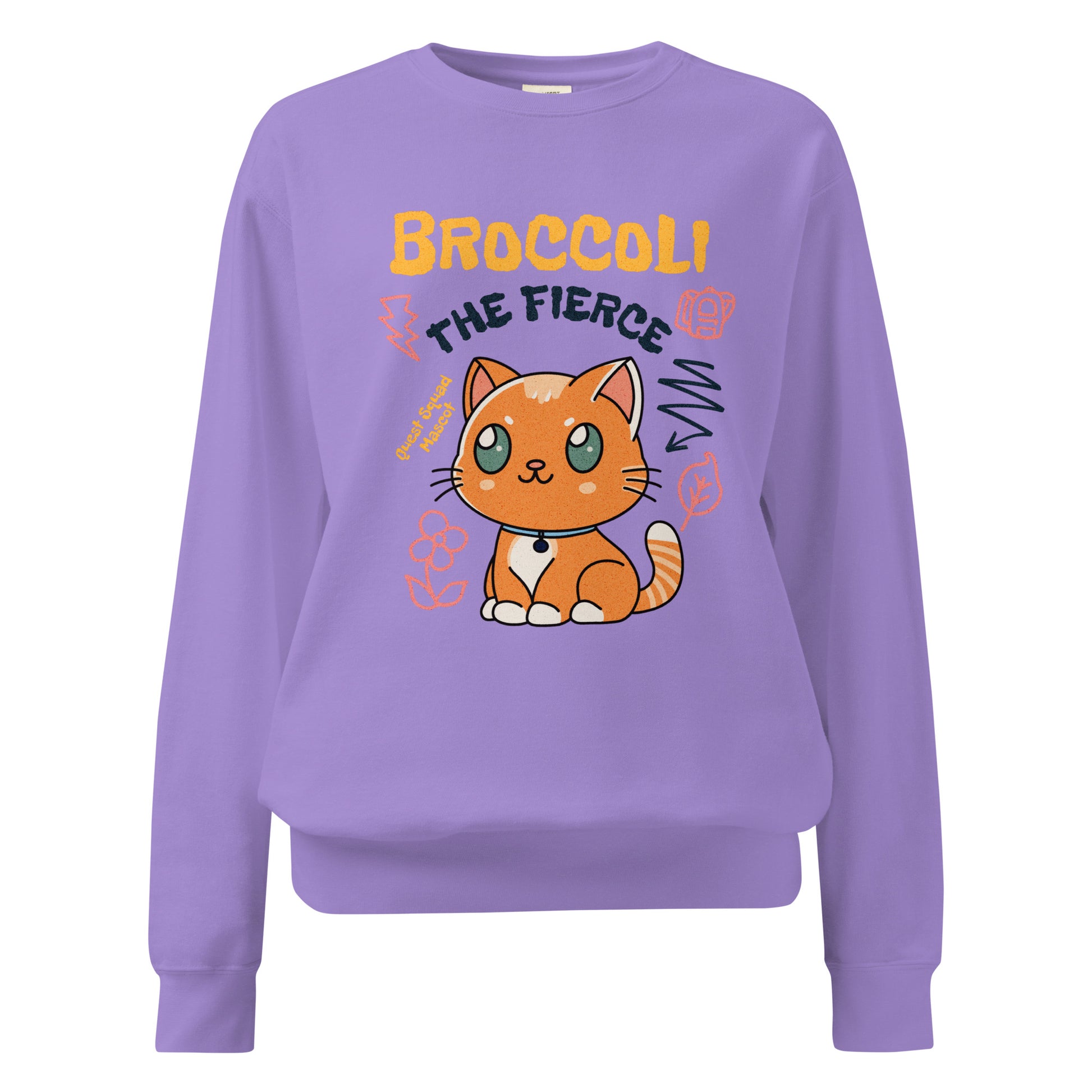 Broccoli the Fierce Heavyweight Sweatshirt - The Bean Workshop - Basgiath War College, Book Lover Gift, Bookish Cat, Booktok, Broccoli the Fierce, Chibi Art, Cute Romantasy, Dragon Rider, Empyrean Series, Fantasy Reader., Fourth Wing Merch, Iron Flame Merch, Kawaii, Liam Mairi, Quest Squad Mascot, Rebecca Yarros, sweatshirt, Violet Sorrengail, Xaden Riorson
