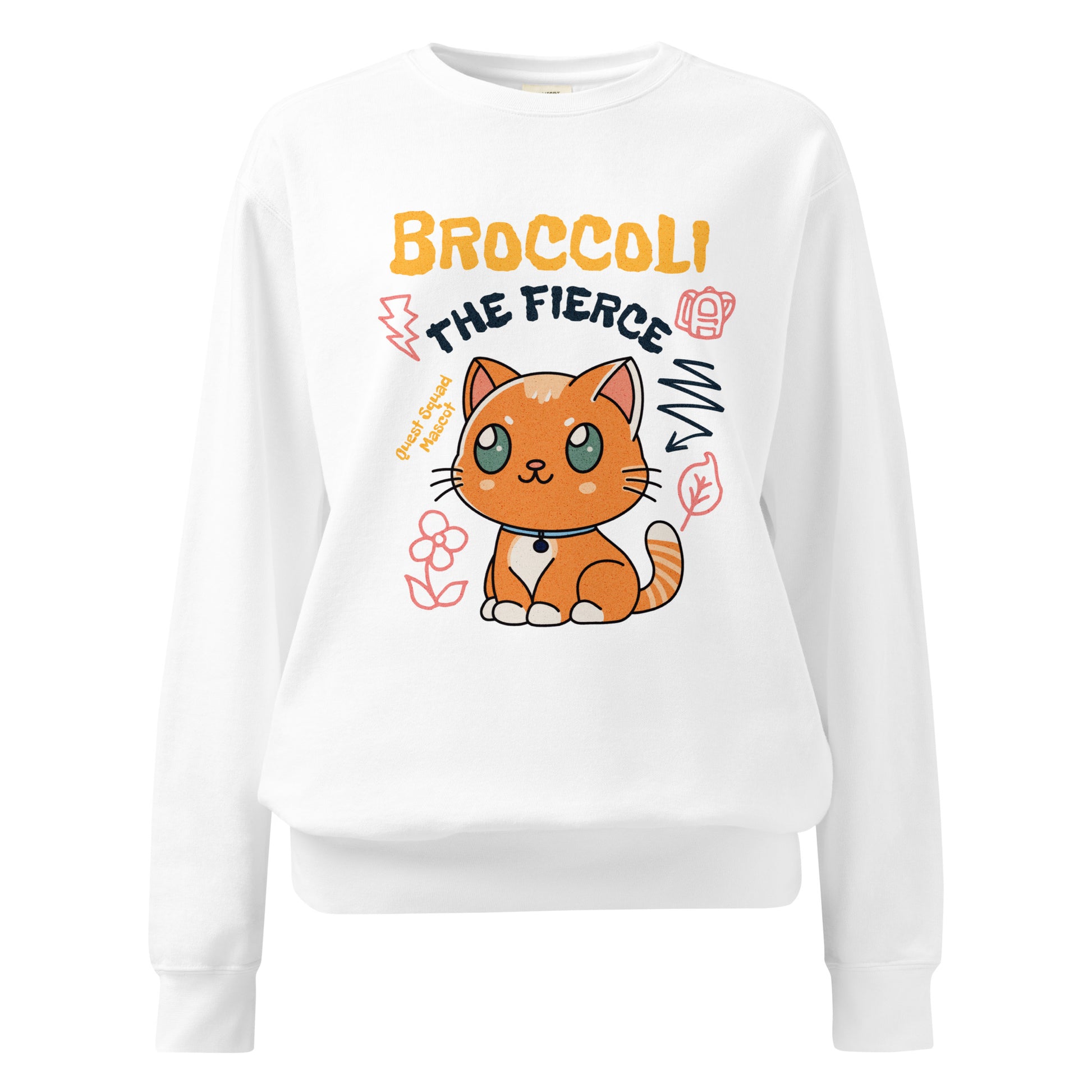 Broccoli the Fierce Heavyweight Sweatshirt - The Bean Workshop - Basgiath War College, Book Lover Gift, Bookish Cat, Booktok, Broccoli the Fierce, Chibi Art, Cute Romantasy, Dragon Rider, Empyrean Series, Fantasy Reader., Fourth Wing Merch, Iron Flame Merch, Kawaii, Liam Mairi, Quest Squad Mascot, Rebecca Yarros, sweatshirt, Violet Sorrengail, Xaden Riorson