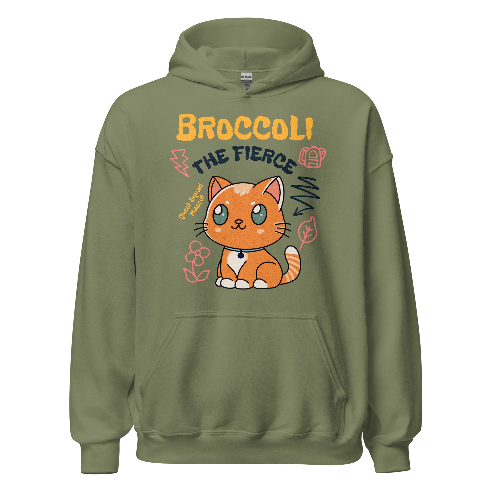 Broccoli the Fierce Hoodie - The Bean Workshop - Basgiath War College, Book Lover Gift, Bookish Cat, Booktok, Broccoli the Fierce, Chibi Art, Cute Romantasy, Dragon Rider, Empyrean Series, Fantasy Reader., Fourth Wing Merch, hoodie, Iron Flame Merch, Kawaii, Liam Mairi, Quest Squad Mascot, Rebecca Yarros, Violet Sorrengail, Xaden Riorson