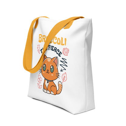 Broccoli the Fierce Tote Bag - The Bean Workshop - Basgiath War College, Book Lover Gift, Bookish Cat, Booktok, Broccoli the Fierce, Chibi Art, Cute Romantasy, Dragon Rider, Empyrean Series, Fantasy Reader., Fourth Wing Merch, Iron Flame Merch, Kawaii, Liam Mairi, Quest Squad Mascot, Rebecca Yarros, tote, Violet Sorrengail, Xaden Riorson