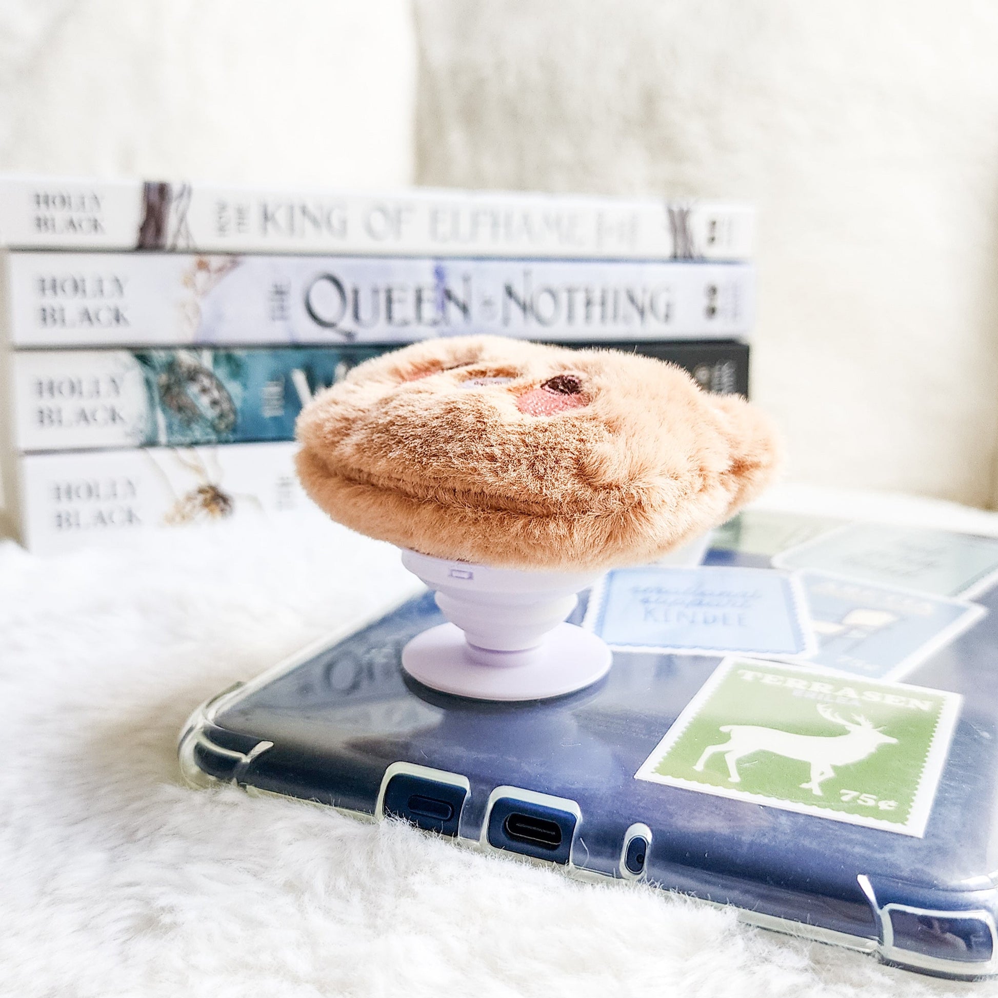 Brown Bear Plush Foldable Adhesive Kindle Grip - The Bean Workshop - kindle grip, reading accessories