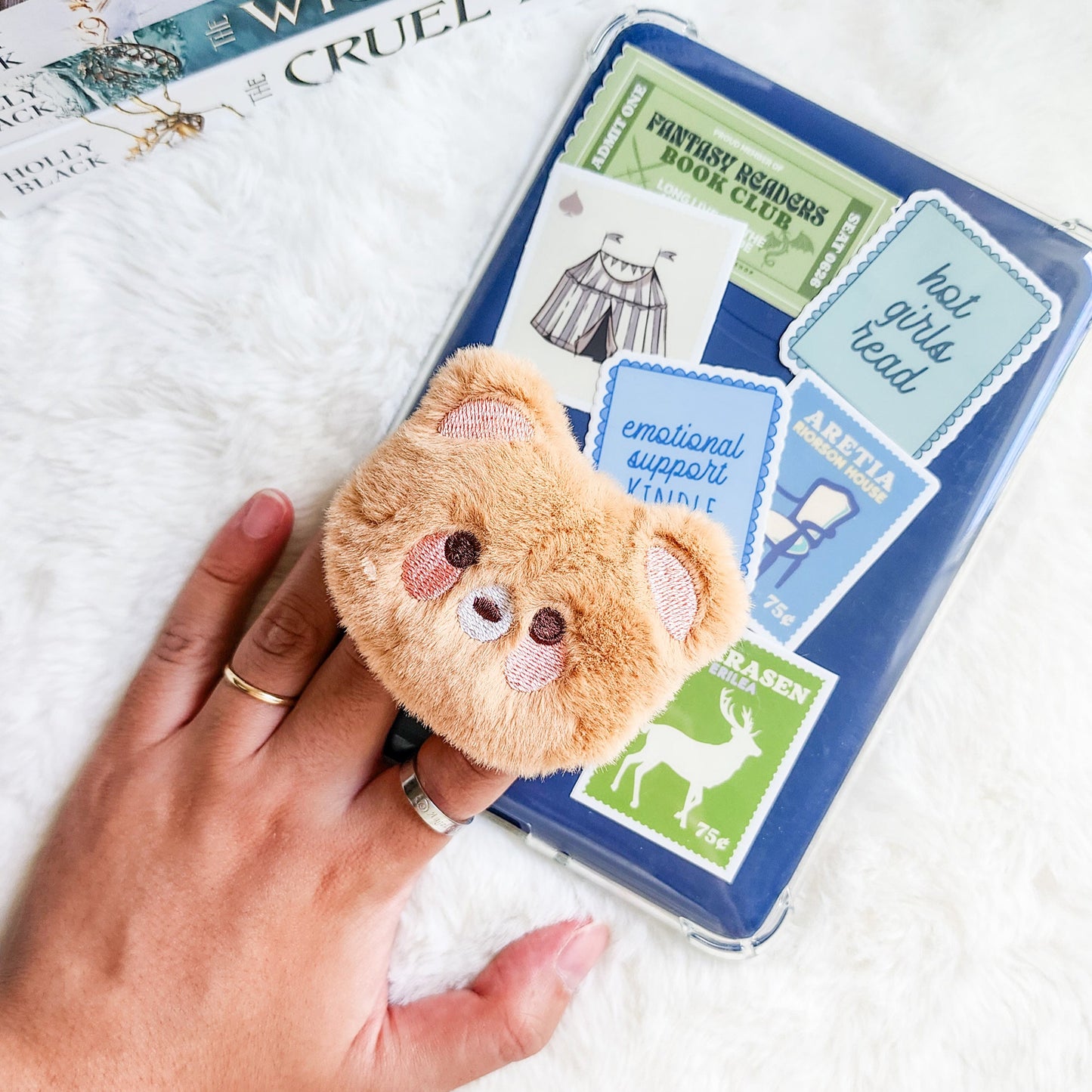 Brown Bear Plush Foldable Adhesive Kindle Grip - The Bean Workshop - kindle grip, reading accessories