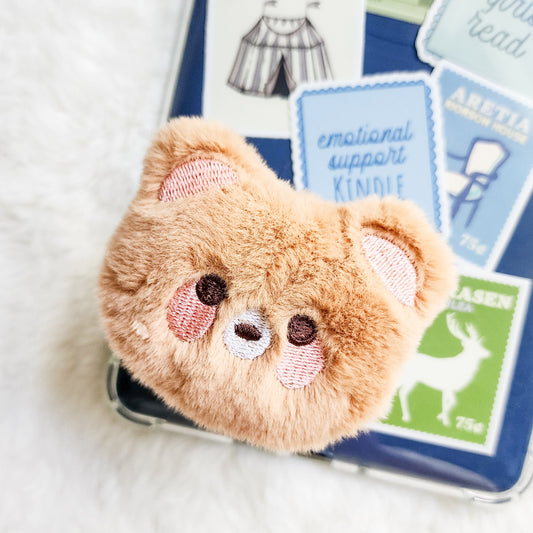 Brown Bear Plush Foldable Adhesive Kindle Grip - The Bean Workshop - kindle grip, reading accessories