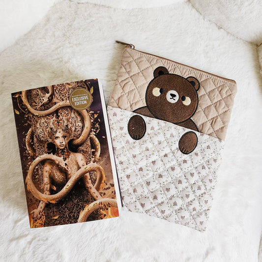 Brown Bear Zippered Book Sleeve With Outside Pocket - The Bean Workshop - book accessories, book girlie, book sleeve, bookish, bookish gift, brown bear, cottagecore, cute book sleeve, e-reader sleeve, gift for book lovers, kindle sleeve, reading accessories, zippered book sleeve