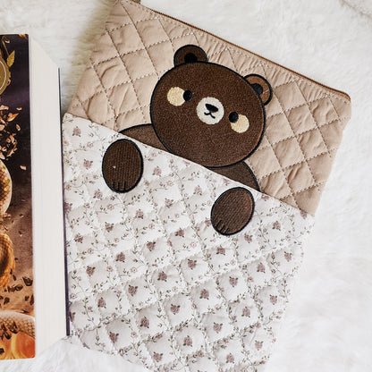 Brown Bear Zippered Book Sleeve With Outside Pocket - The Bean Workshop - book accessories, book girlie, book sleeve, bookish, bookish gift, brown bear, cottagecore, cute book sleeve, e-reader sleeve, gift for book lovers, kindle sleeve, reading accessories, zippered book sleeve