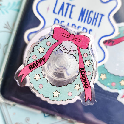 Christmas Wreath Happy Reading Magnetic Glitter Kindle Grip or Phone Holder - The Bean Workshop - Bookish Accessories, kindle grip, reading accessories