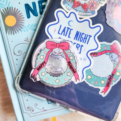 Christmas Wreath Happy Reading Magnetic Glitter Kindle Grip or Phone Holder - The Bean Workshop - Bookish Accessories, kindle grip, reading accessories