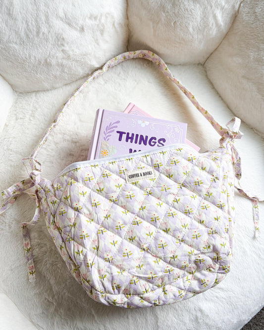 Coffee and Books Floral Zippered Shoulder Bag. Purple Quilted Crossbody Bag with Skinny Bows. Gift for Book Lovers. Bookish Bag for Readers