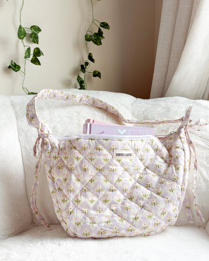 Coffee and Books Floral Zippered Shoulder Bag. Purple Quilted Crossbody Bag with Skinny Bows. Gift for Book Lovers. Bookish Bag for Readers
