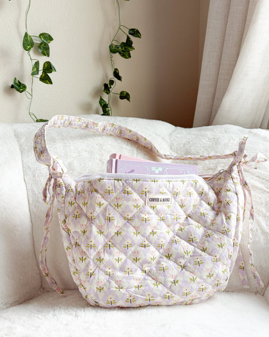 Coffee and Books Floral Zippered Shoulder Bag. Purple Quilted Crossbody Bag with Skinny Bows. Gift for Book Lovers. Bookish Bag for Readers