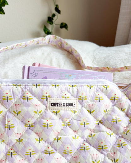 Coffee and Books Floral Zippered Shoulder Bag. Purple Quilted Crossbody Bag with Skinny Bows. Gift for Book Lovers. Bookish Bag for Readers