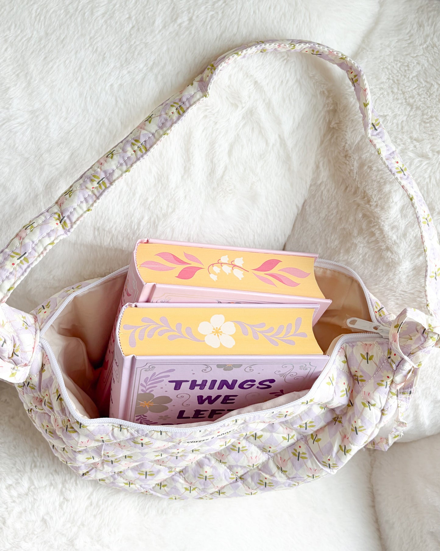 Coffee and Books Floral Zippered Shoulder Bag. Purple Quilted Crossbody Bag with Skinny Bows. Gift for Book Lovers. Bookish Bag for Readers